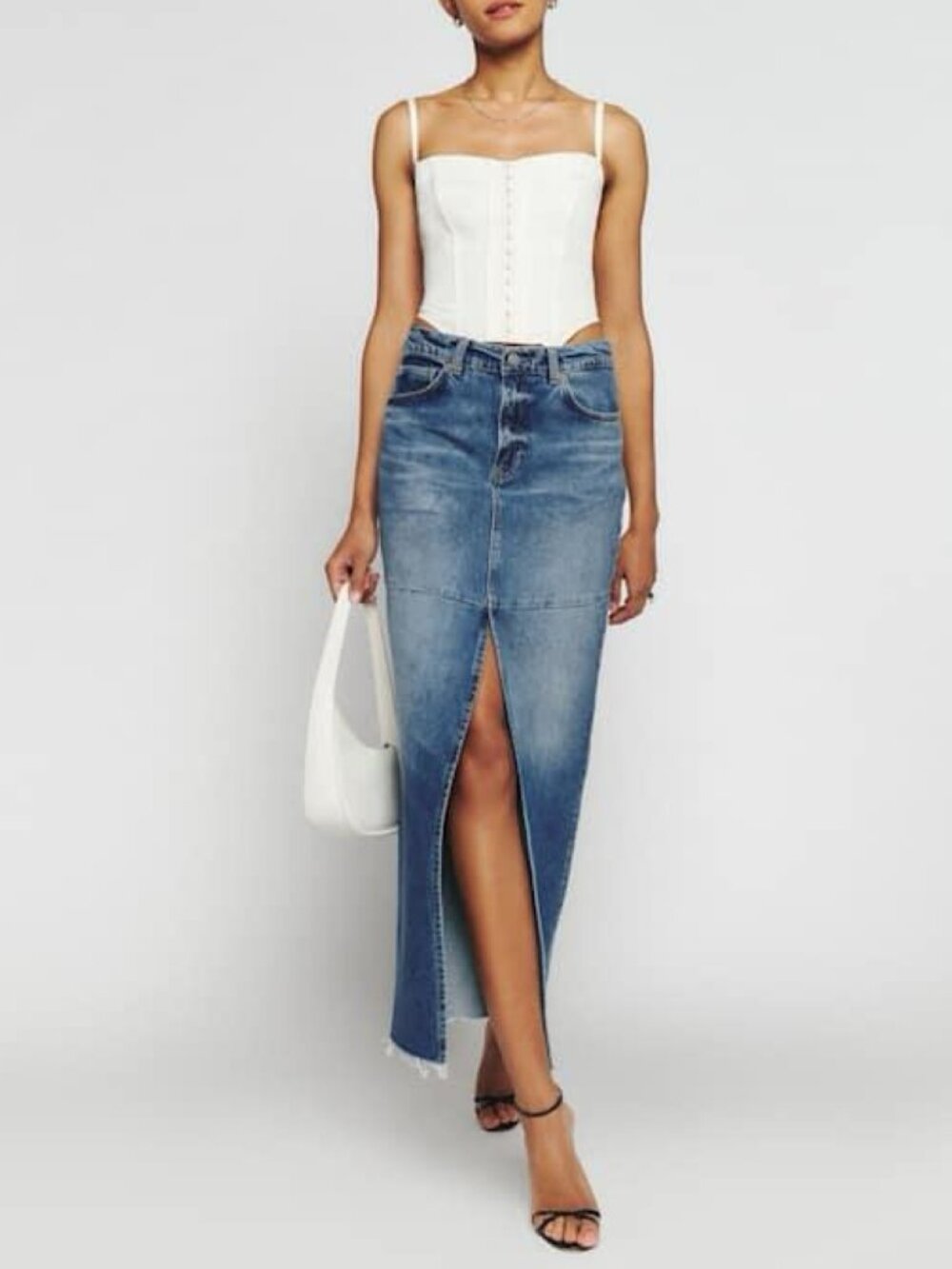 Reformation Blue Denim Maxi Skirt with Front Slit